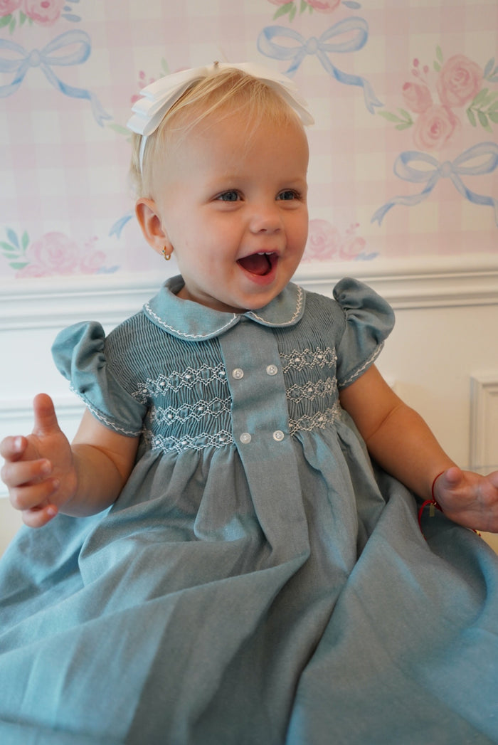Lupe Slate Blue Handsmocked Girl Dress