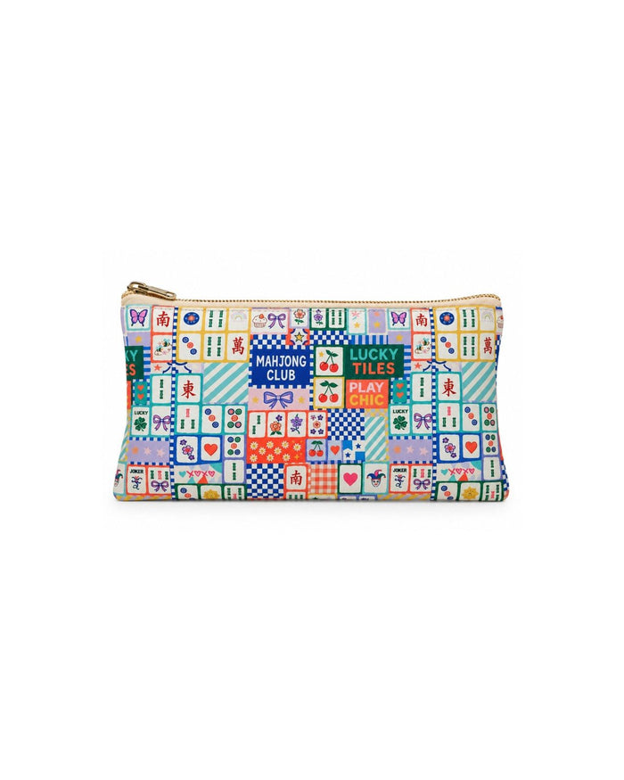 Mahjong-pattern vegan leather zip pouch, front view with gold zipper