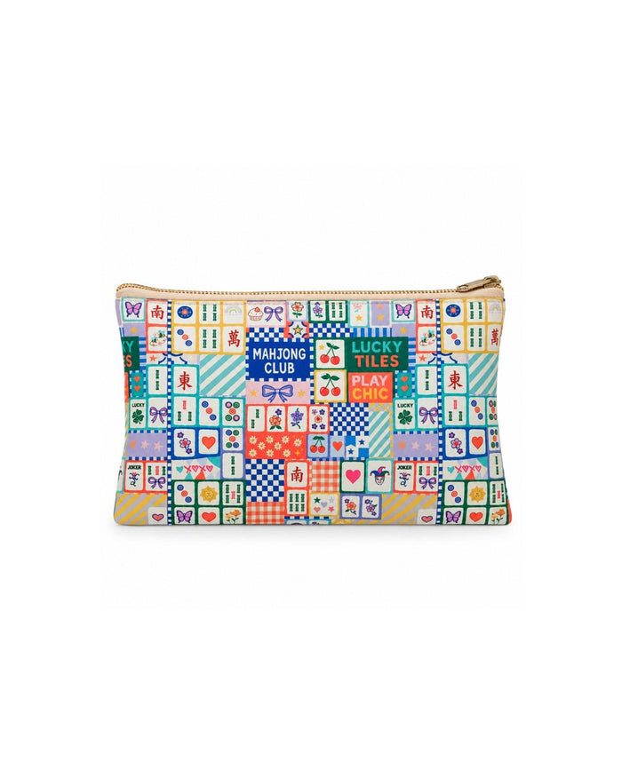 Mahjong-pattern vegan leather zip pouch with zipper top and compact rectangular shape