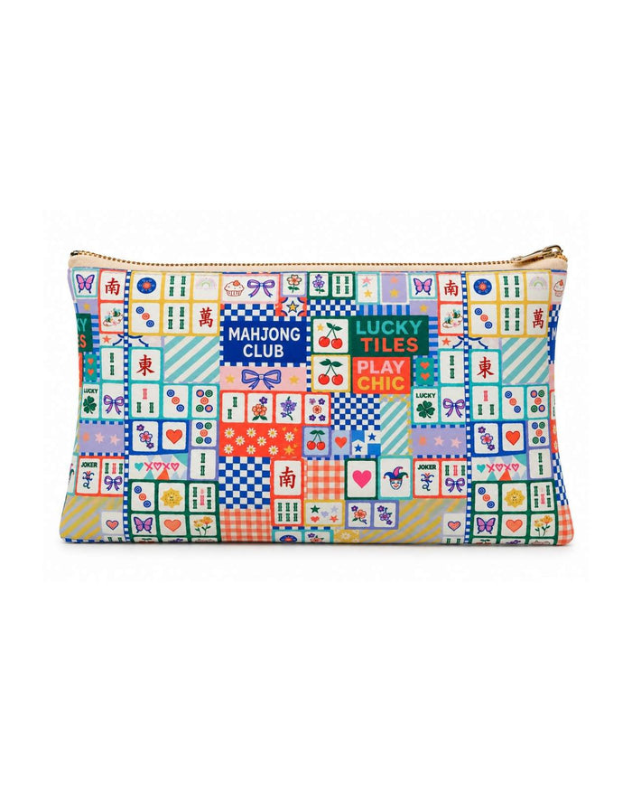 Mahjong-pattern vegan leather zip pouch with gold zipper pull