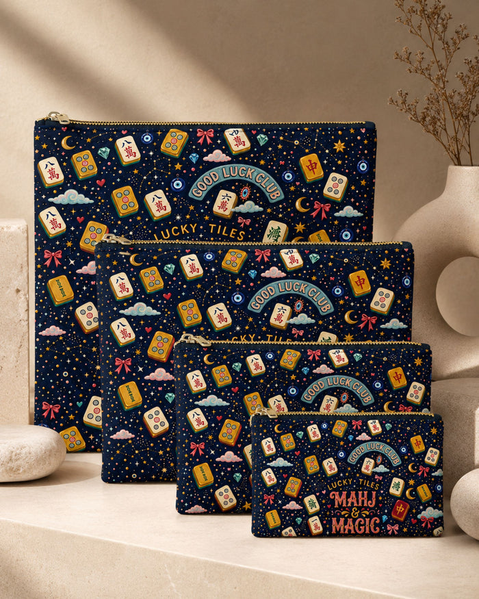 Navy Mahjong Magic graphic zipper pouches set with gold zipper pull