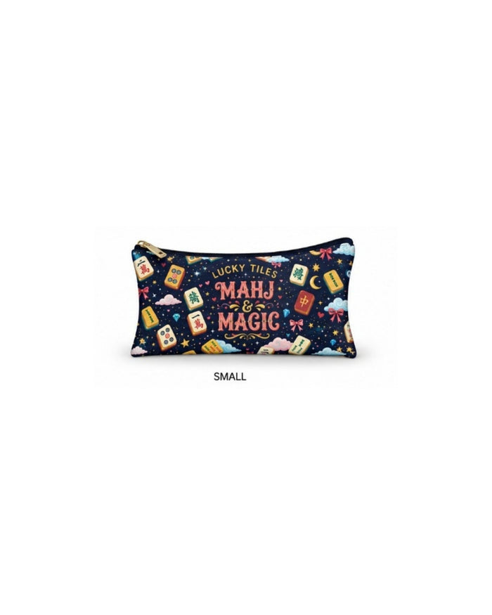 Navy Mahjong Magic graphic small zipper pouch with gold zipper pull