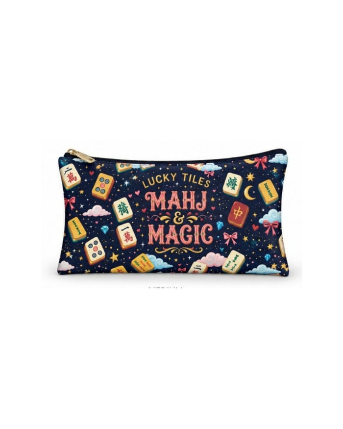 Navy Mahjong Magic graphic zipper pouch with gold zipper pull