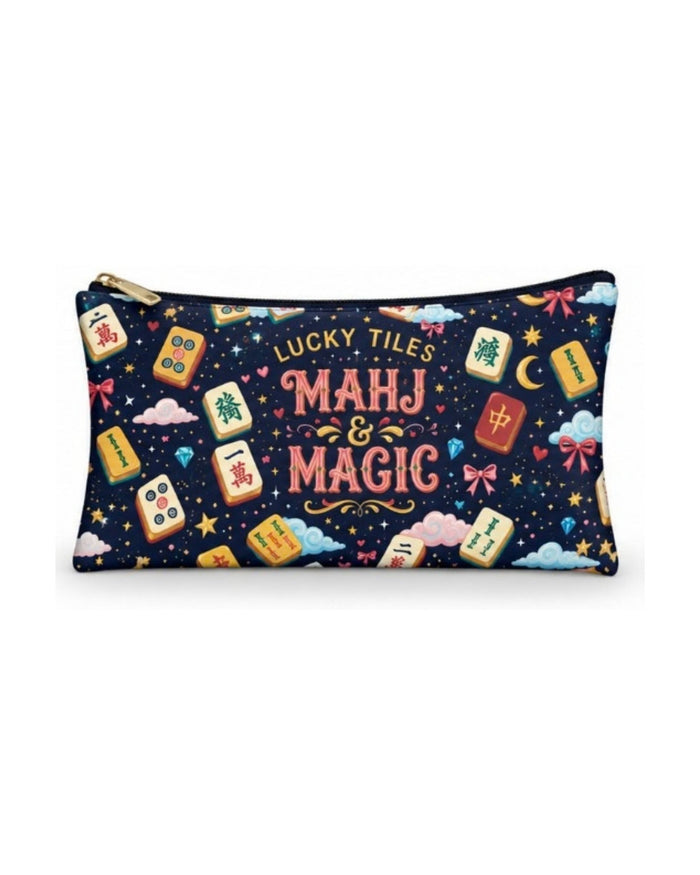 Navy Mahjong Magic graphic zipper pouch with gold zipper pull