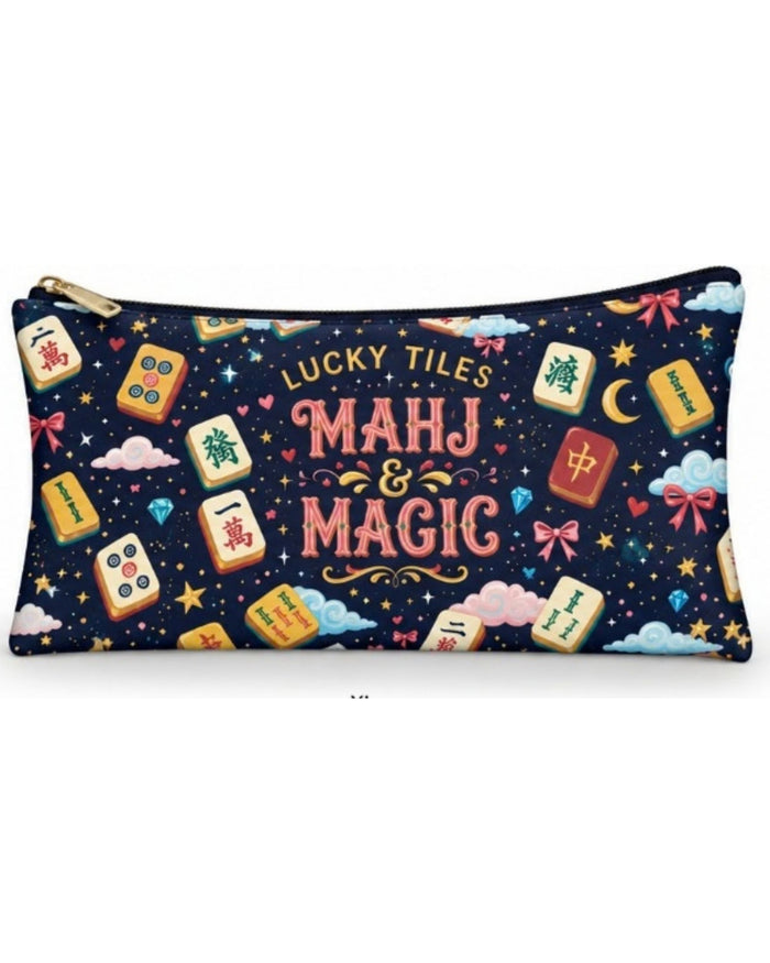 Navy Mahjong Magic graphic zipper pouch with gold zipper pull