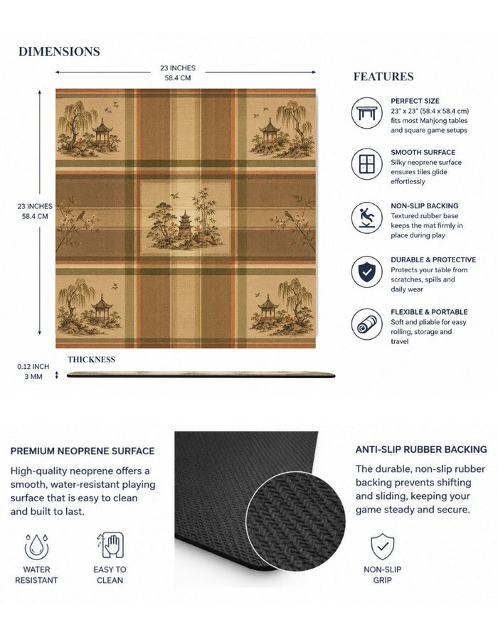 Square mahjong table mat with plaid landscape design, showing textured non-slip underside
