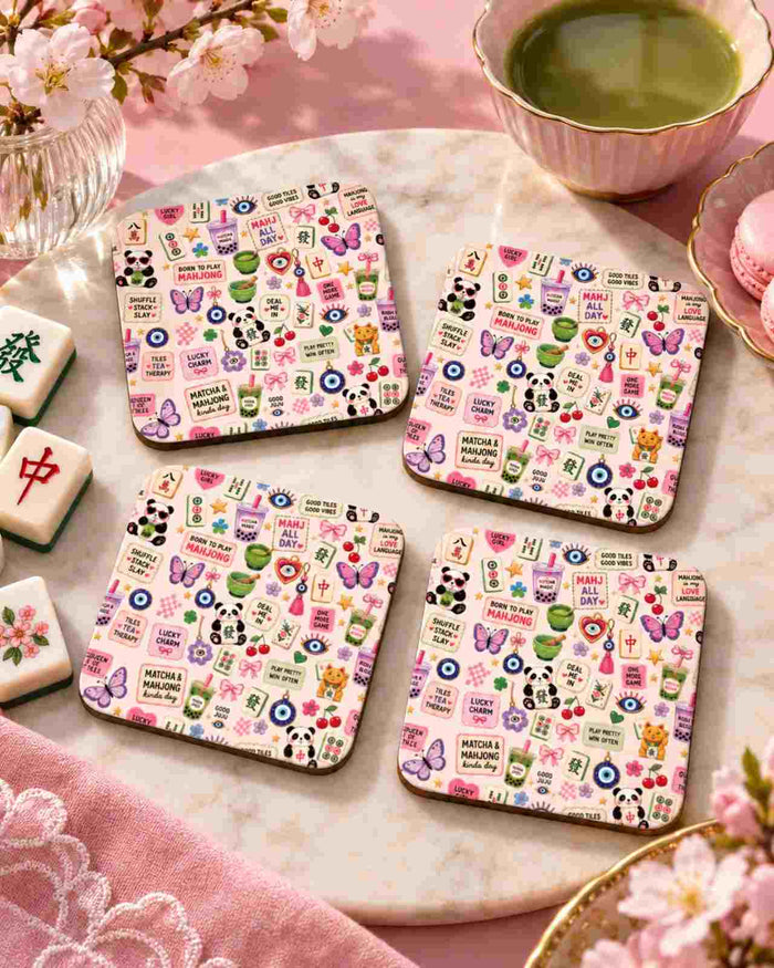 Set of 4 pastel mahjong and matcha themed coasters with assorted icons
