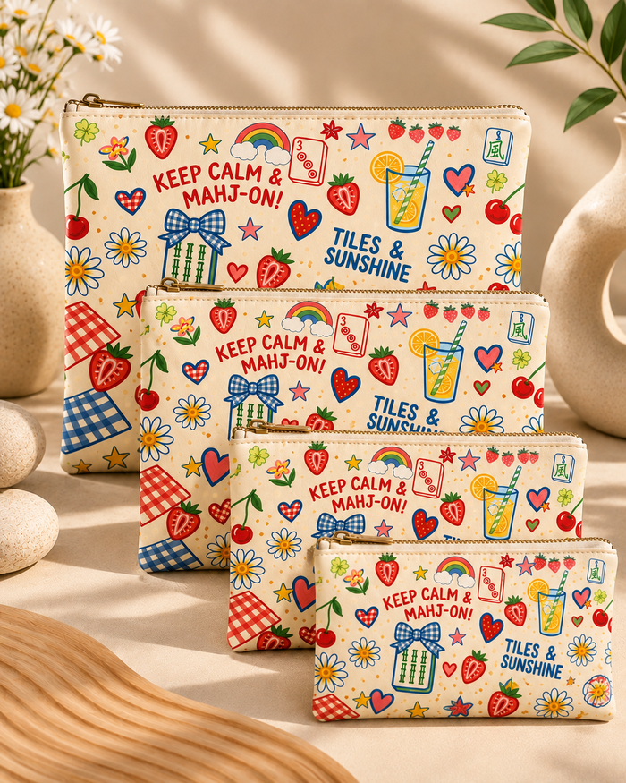 Beige printed zipper pouches set with gold zippers, KEEP CALM & MAHJ-ON text