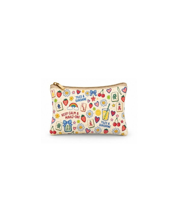Beige printed vegan leather zipper pouch with gold trim, hearts and flowers motif