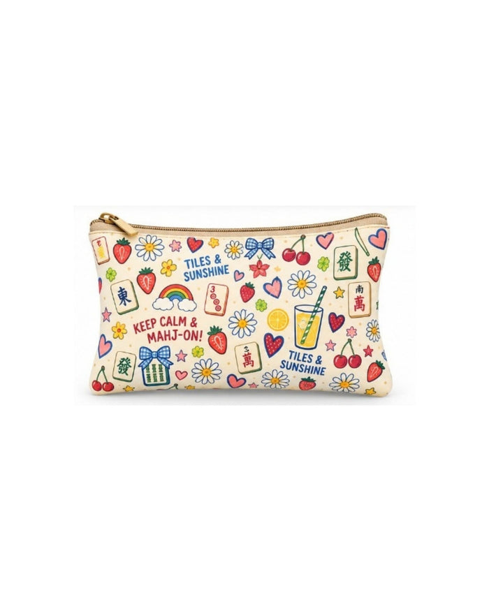 Beige printed zipper pouch with gold zipper and multicolor TILES & SUNSHINE motif