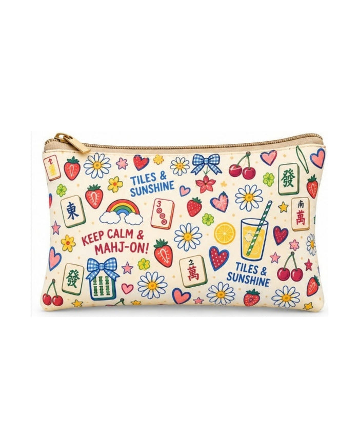 Beige printed zipper pouch with gold zipper, TILES & SUNSHINE and rainbow text