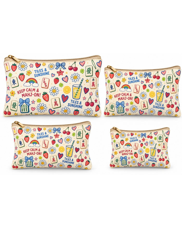 Set of 4 beige printed zipper pouches with gold zippers, TILES & SUNSHINE motif