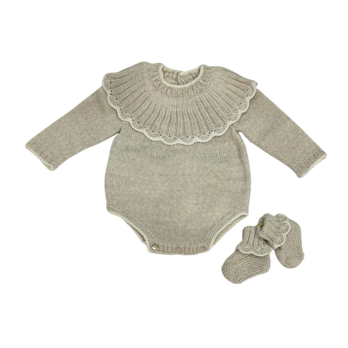 Matias Beige Knitted Romper with Booties