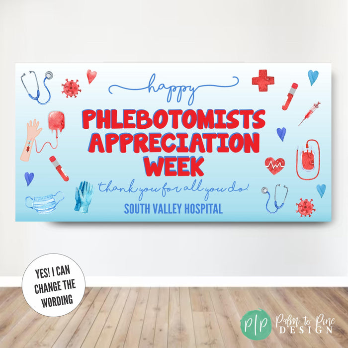Phlebotomist appreciation banner with bold red accents, a syringe illustration, and the text 'We Appreciate Our Blood Specialists
