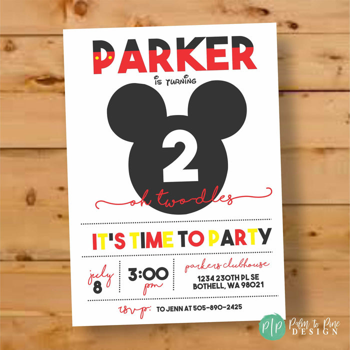 Red and yellow Mickey Mouse birthday invitation, personalized with name and age