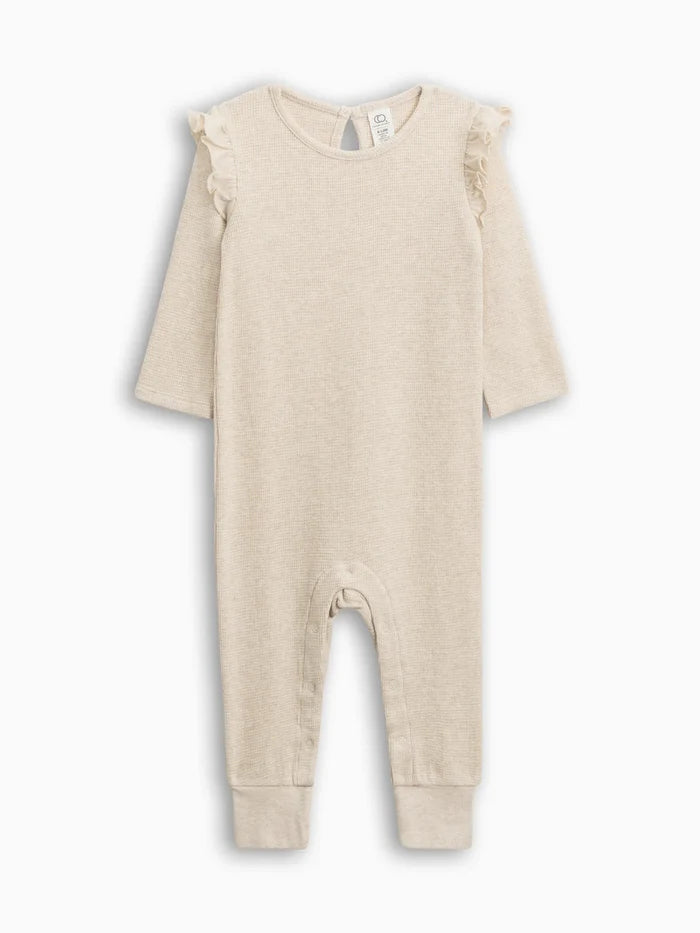 Mila Waffle Knit Flutter Sleeve Romper - Heather Oat