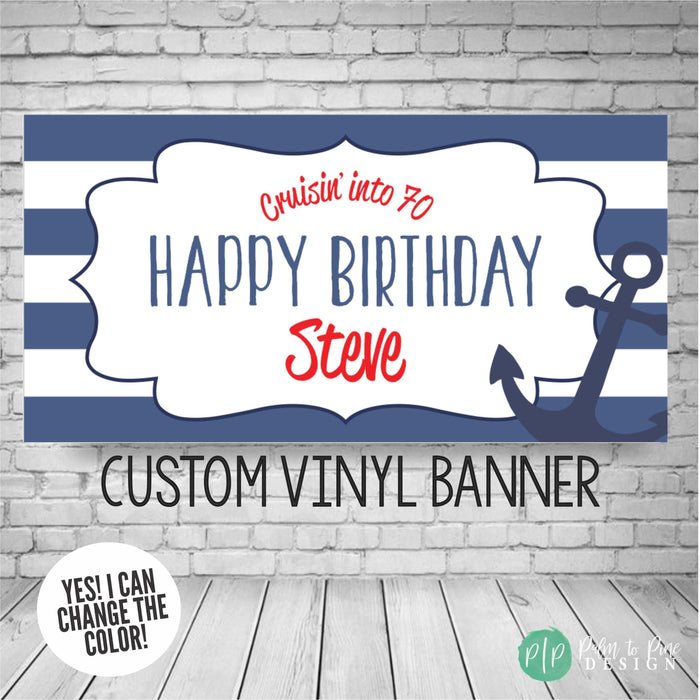 red and blue striped personalized nautical birthday banner with an anchor