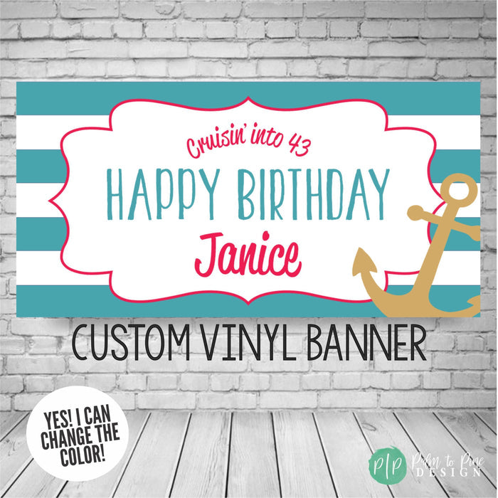 turquoise and hot pink striped custom nautical birthday banner with a gold anchor