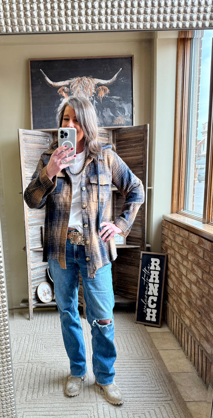 Navy plaid hooded coat with button-front and pockets