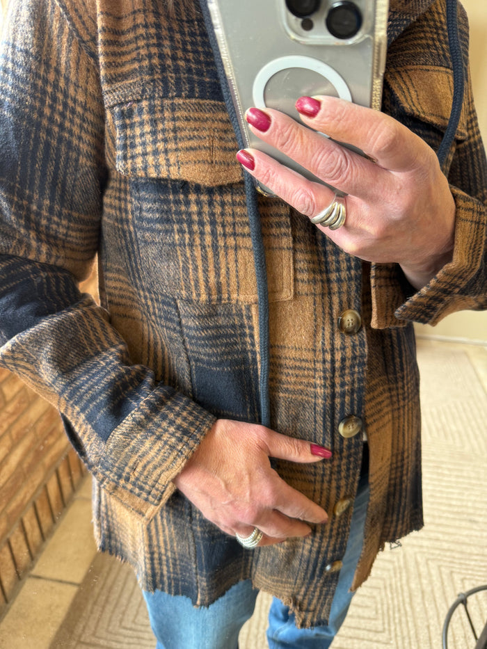 Plaid hooded coat front with metal buttons and chest pockets
