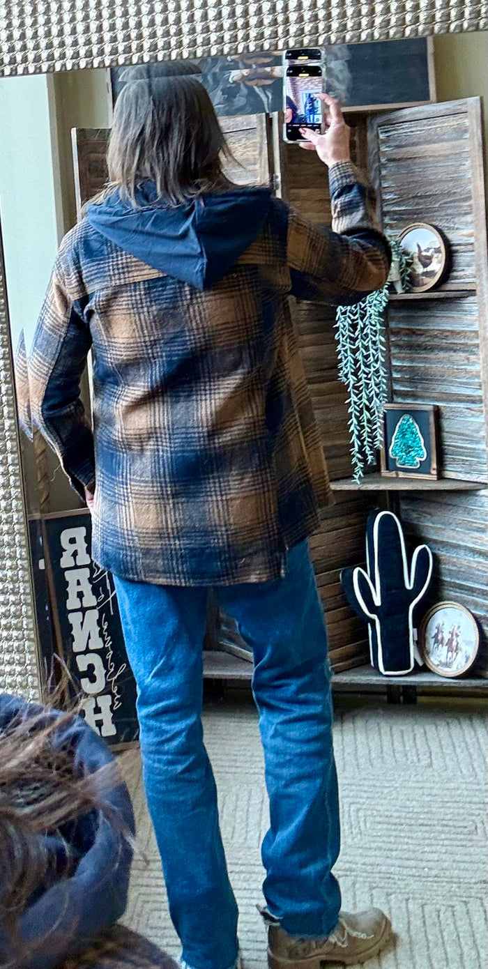 Plaid hooded coat back view with hood and button placket