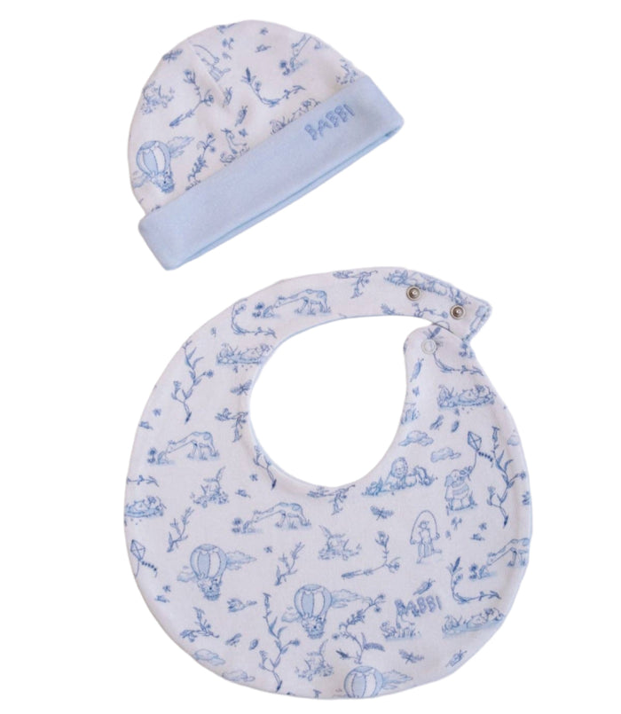 Newborn Bib & Hat Set - Toile De Jouy / Blue