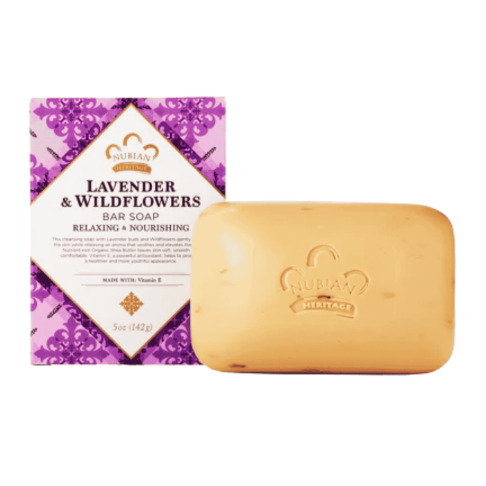 Nubian Heritage Lavender & Wildflowers Soap 5 oz, gentle cleansing bar infused with lavender and wildflower extracts to cleanse, moisturize, and leave skin feeling soft, smooth, and lightly refreshed.