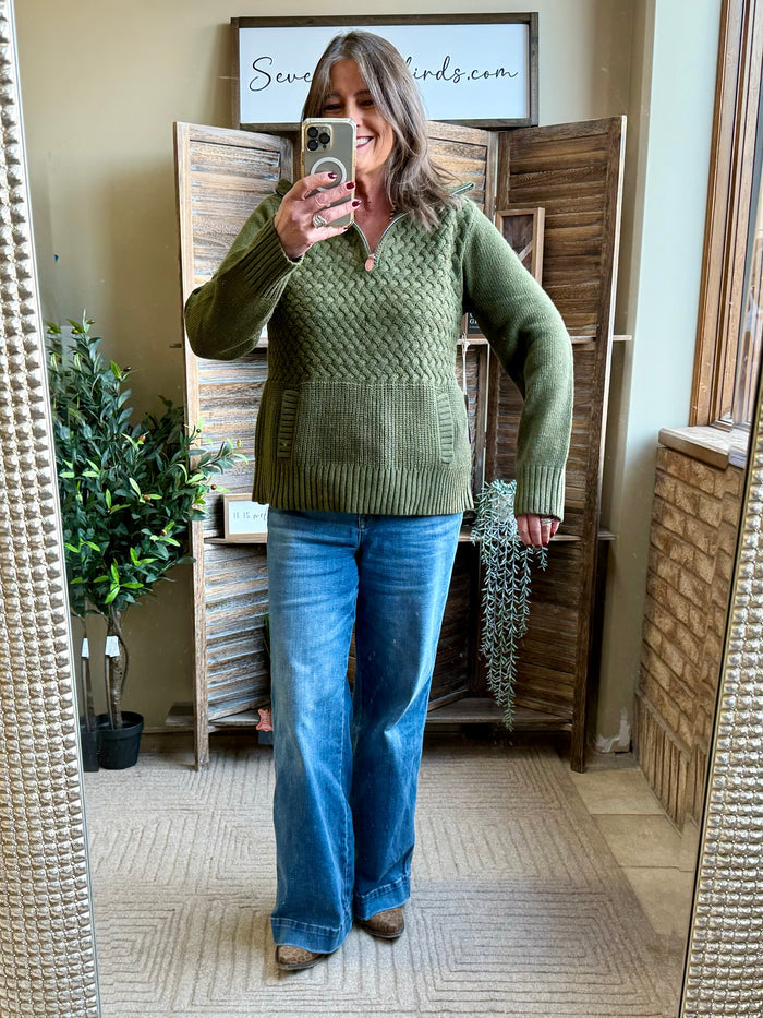 Olive green cable knit 1/4 zip sweater with ribbed cuffs and hem, relaxed fit