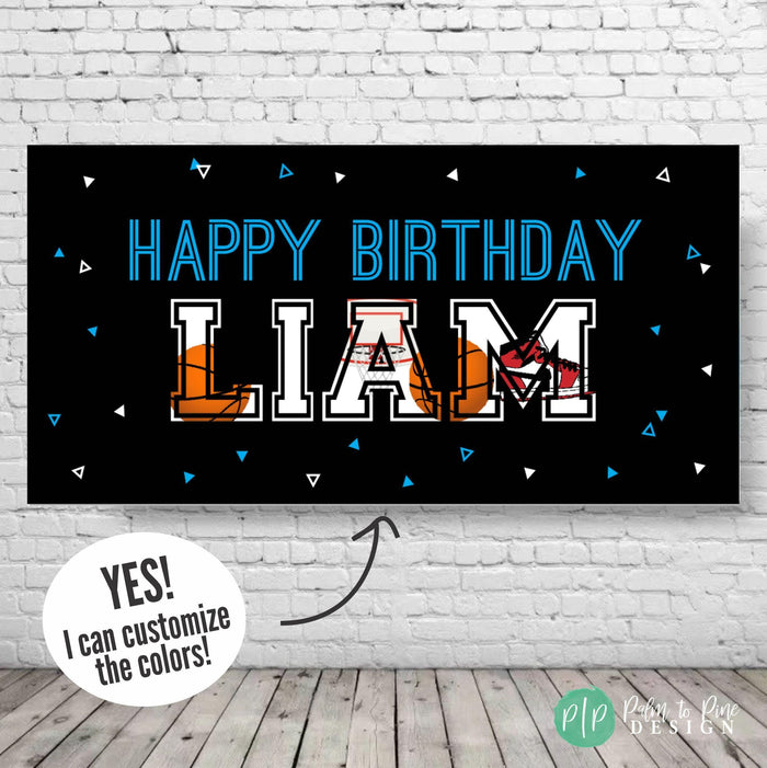 basketball party banner persnoalized with name and happy birthday message