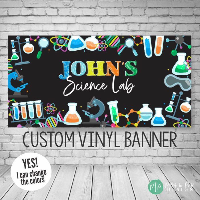 science birthday banner for boys with beakers, test tubes and scientists clipart