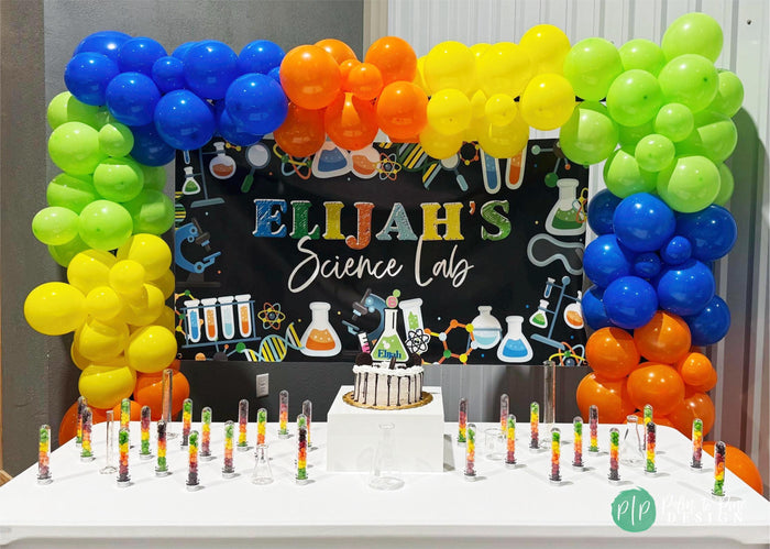 Science Birthday Party with custom vinyl banner and balloon garland