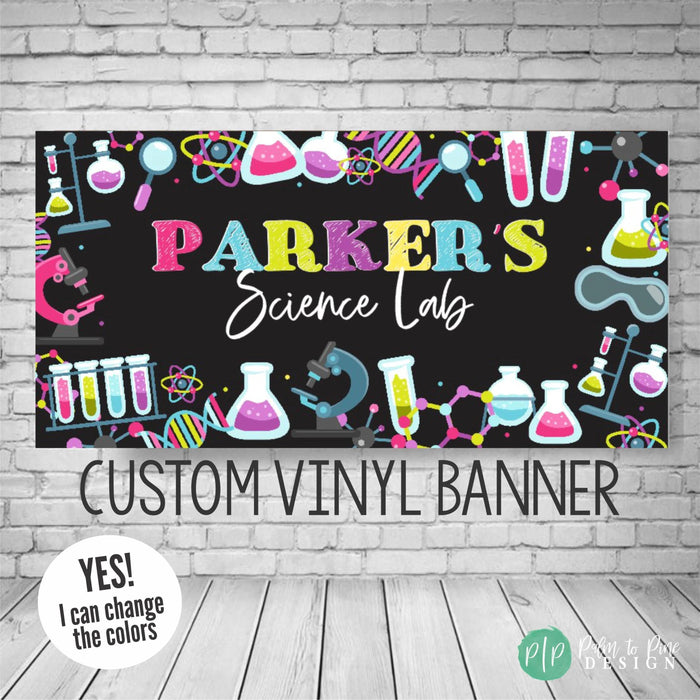 science birthday banner for girls with beakers, test tubes and scientists clipart