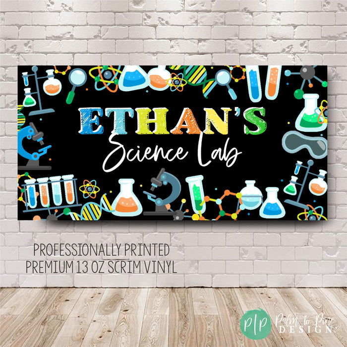 boys scientists birthday banner with science equipment