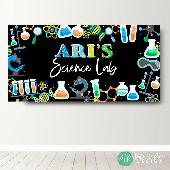 science birthday party banner for kids and tweens with test tubes and beakers with modern black background