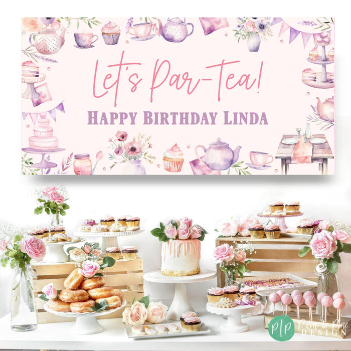 pink watercolor floral "let's par-tea" banner for girls birthday with watercolor pink teacups and flowers