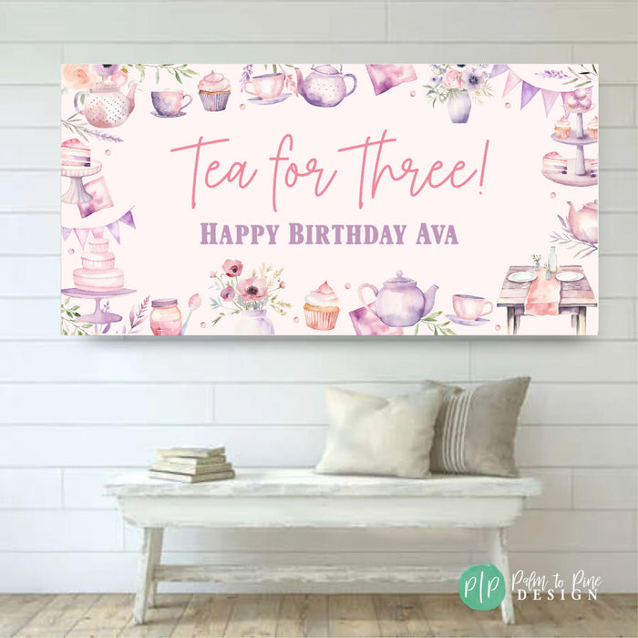 Pink watercolor "Let's Par-Tea" birthday banner with teacups and floral details, perfect for a tea party theme for girls.