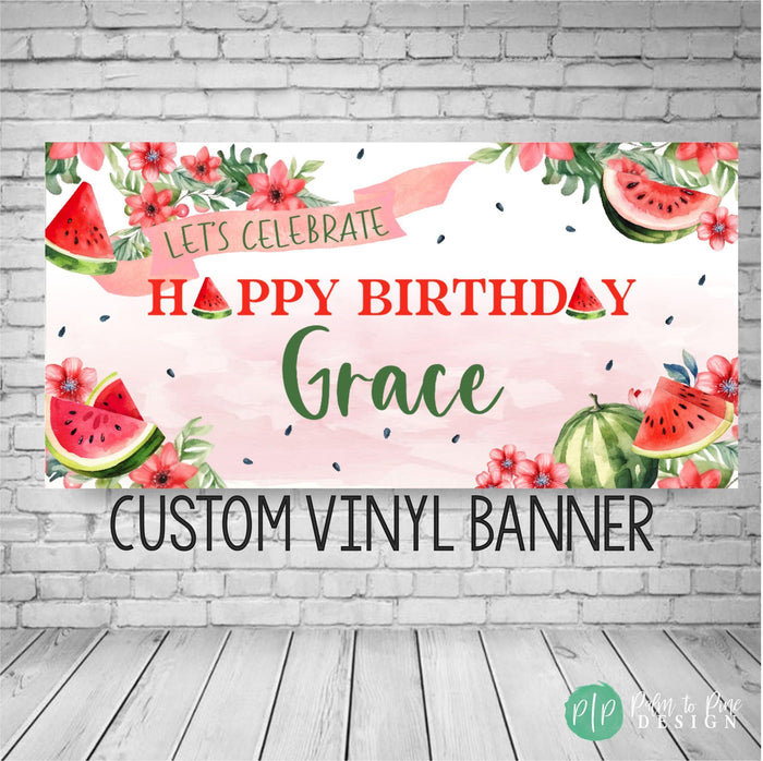 watermelon girls birthday party banner with cute watercolor watermelon slives and red flowers