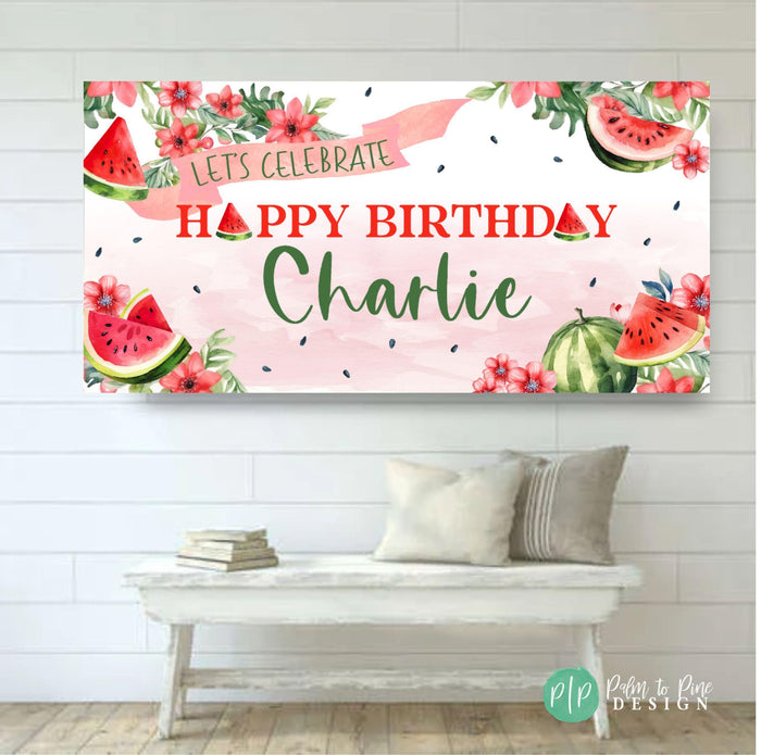 watermelon girls birthday party banner with cute watercolor watermelon slices and red flowers