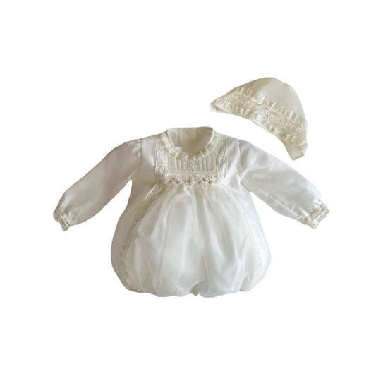 Philippe Cream Handsmocked Long Sleeve Romper with Bonnet