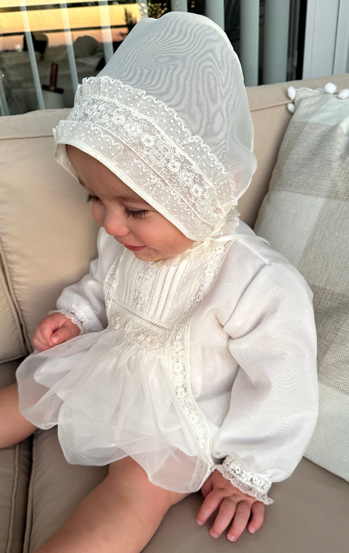Philippe Cream Handsmocked Long Sleeve Romper with Bonnet