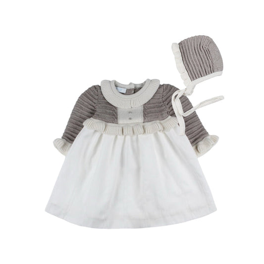 Piedra Half-Knitted Taupe Dress with Bonnet