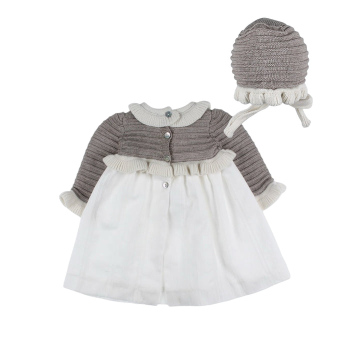 Piedra Half-Knitted Taupe Dress with Bonnet