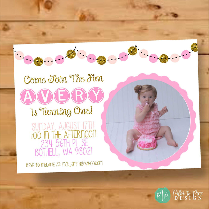 Chic pink and gold glitter first birthday invitation, personalized with name and details