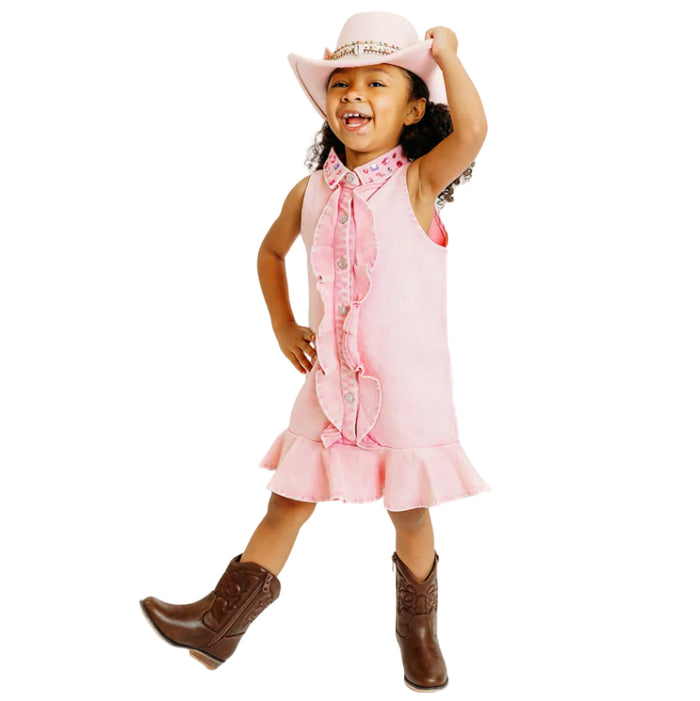 Pink Crystal Collar Denim Ruffle Dress