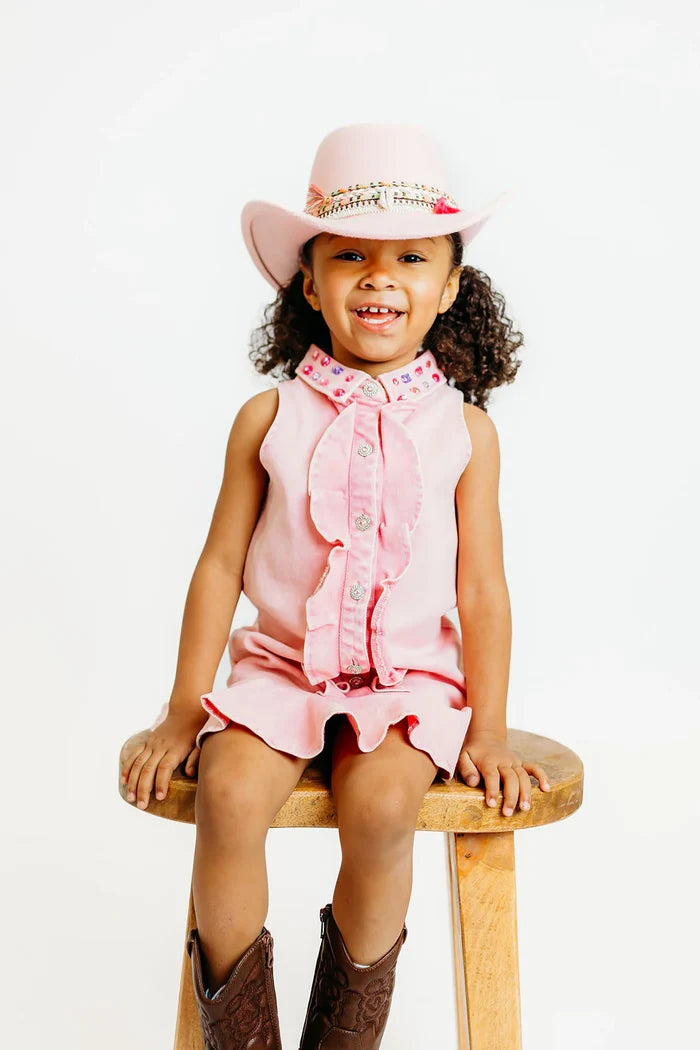 Pink Crystal Collar Denim Ruffle Dress