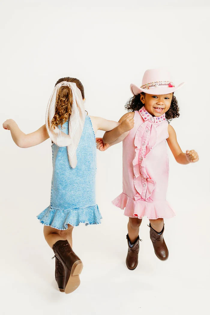 Pink Crystal Collar Denim Ruffle Dress