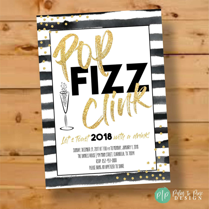 Black and gold 'Pop Fizz Clink' champagne New Year's Eve party invitation, personalized with name and details