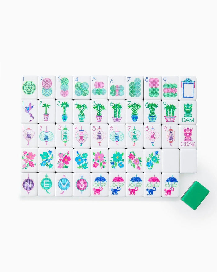 160-piece mahjong tile set with white tiles, green/blue stripes, and colorful symbols