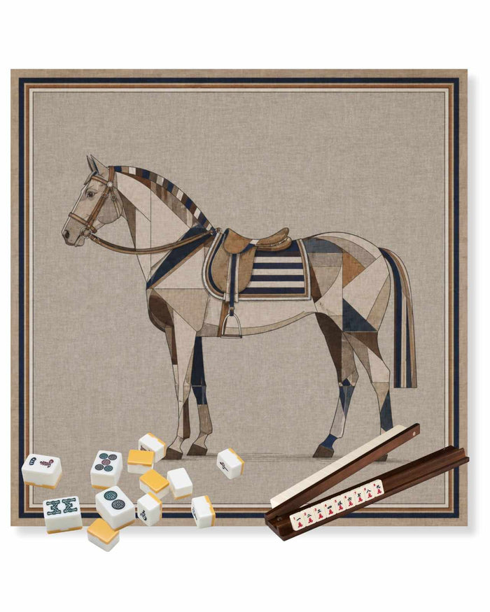 Horse-themed table game mat, square 33x33 in with bordered design