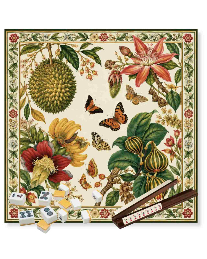 Large 33x33 inch tropical floral table game mat with butterfly print and border edging